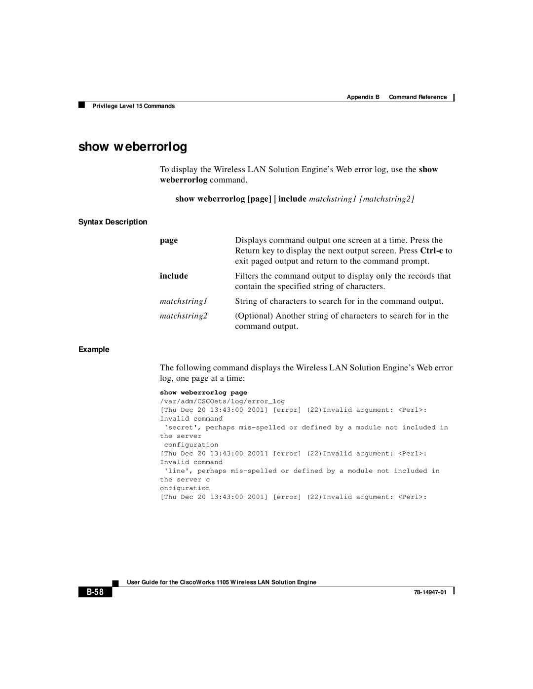 Cisco Systems 1105 manual Show weberrorlog page include matchstring1 matchstring2 