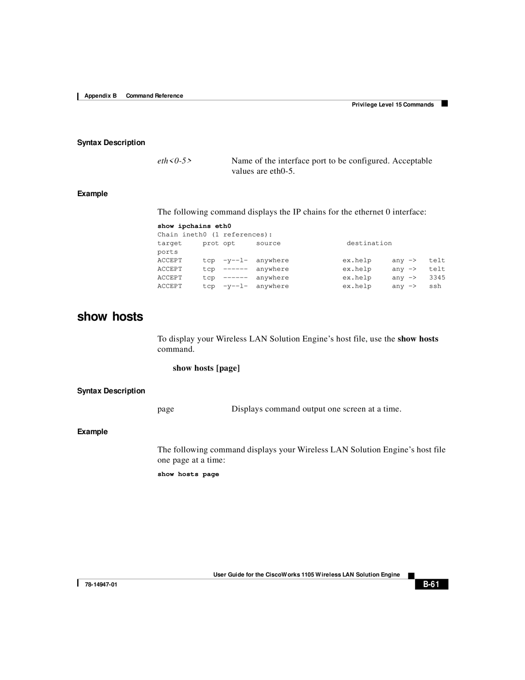 Cisco Systems 1105 manual Show hosts, Show ipchains eth0 