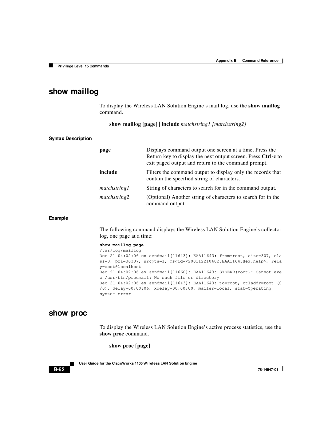 Cisco Systems 1105 manual Show maillog page include matchstring1 matchstring2, Show proc command 