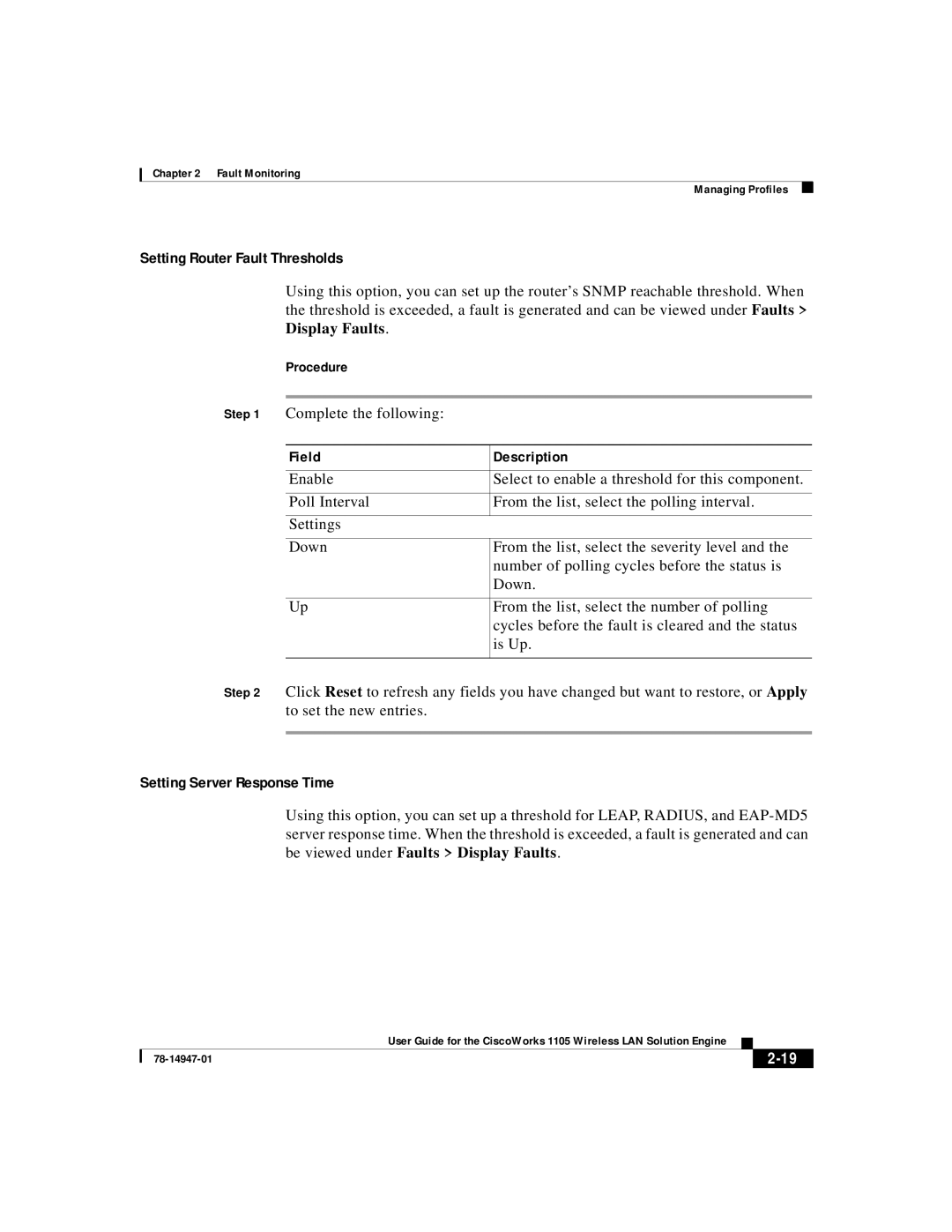 Cisco Systems 1105 manual Setting Router Fault Thresholds, Setting Server Response Time 