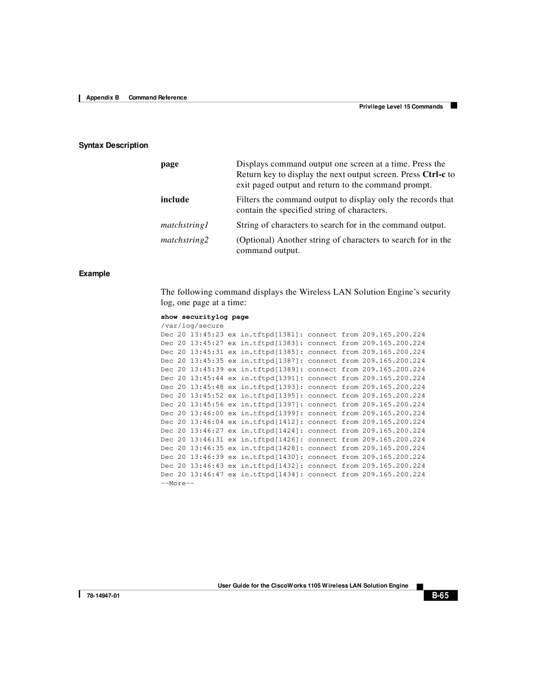 Cisco Systems 1105 manual Displays command output one screen at a time. Press, Show securitylog 