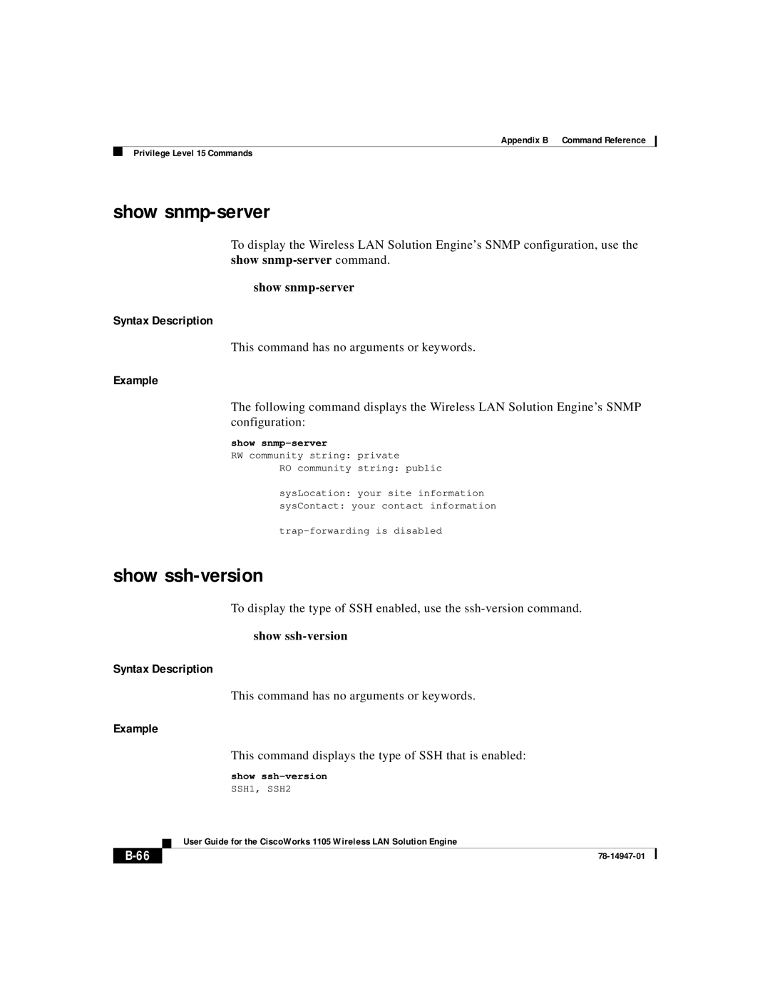 Cisco Systems 1105 manual Show snmp-server, Show ssh-version, This command displays the type of SSH that is enabled 