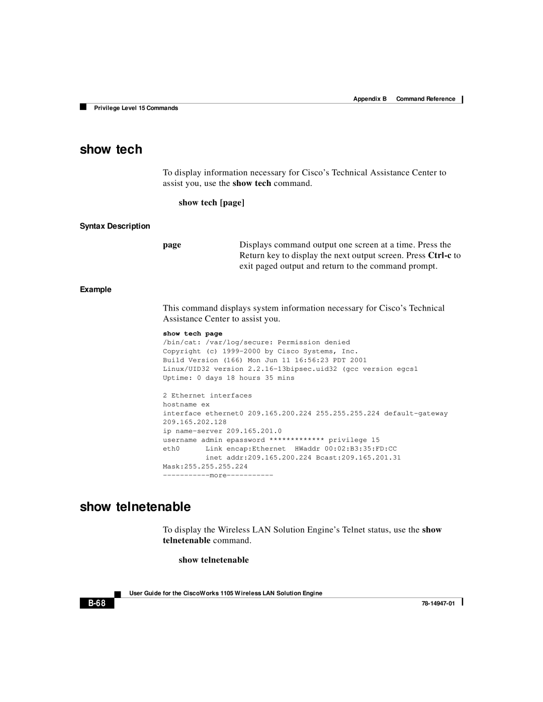 Cisco Systems 1105 manual Show tech, Telnetenable command Show telnetenable 