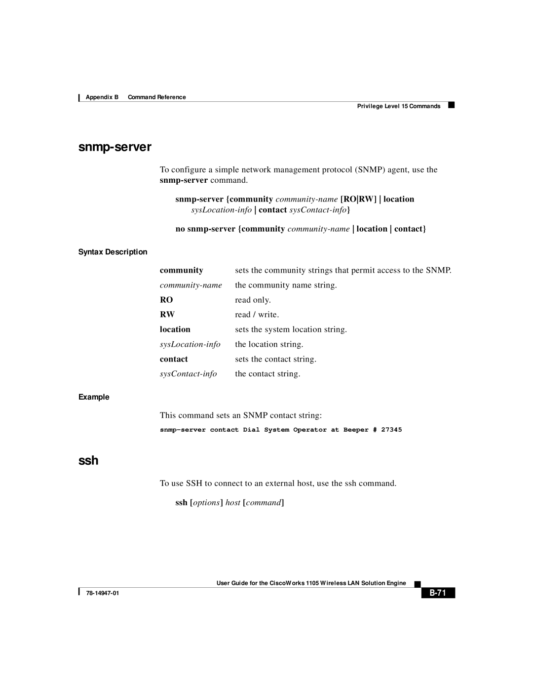 Cisco Systems 1105 manual Snmp-server, Ssh, Community, Location, Contact 