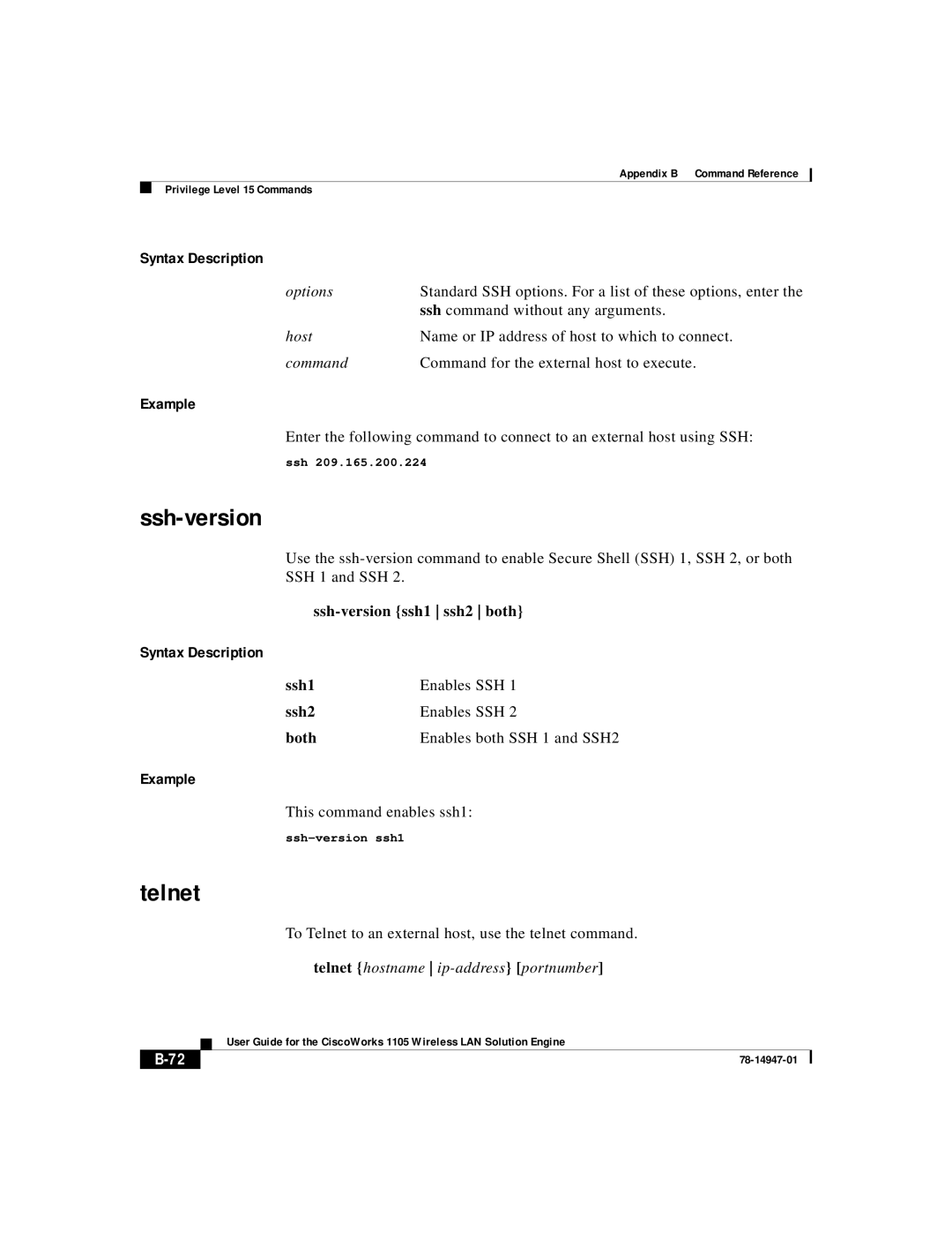 Cisco Systems 1105 manual Telnet, Ssh-version ssh1 ssh2 both, Ssh1 Enables SSH Ssh2 Both Enables both SSH 1 and SSH2 