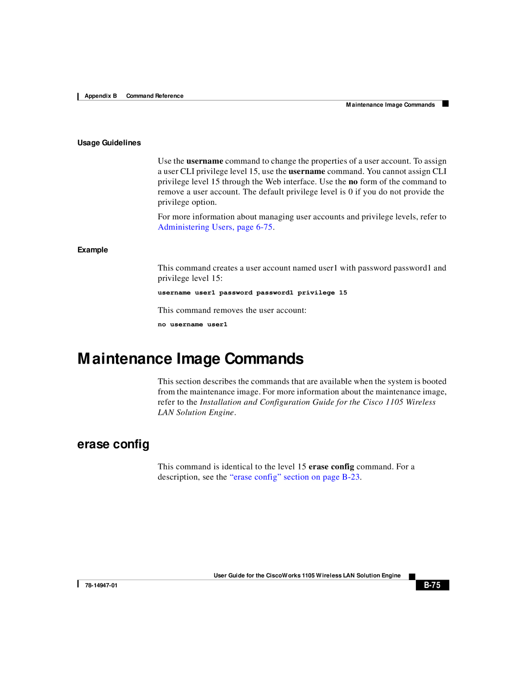 Cisco Systems 1105 manual Maintenance Image Commands, This command removes the user account, No username user1 