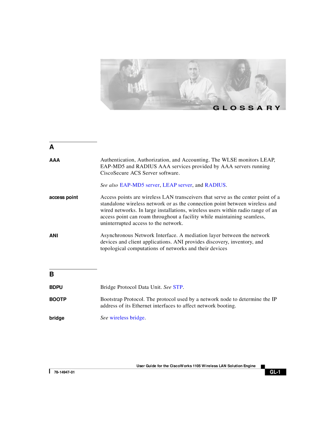 Cisco Systems 1105 manual See also EAP-MD5 server , Leap server , and Radius, See wireless bridge, GL-1 