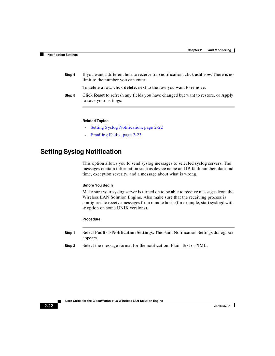 Cisco Systems 1105 manual Setting Syslog Notification, Emailing Faults 