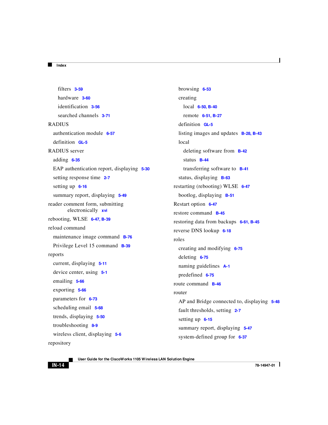 Cisco Systems 1105 manual IN-14 