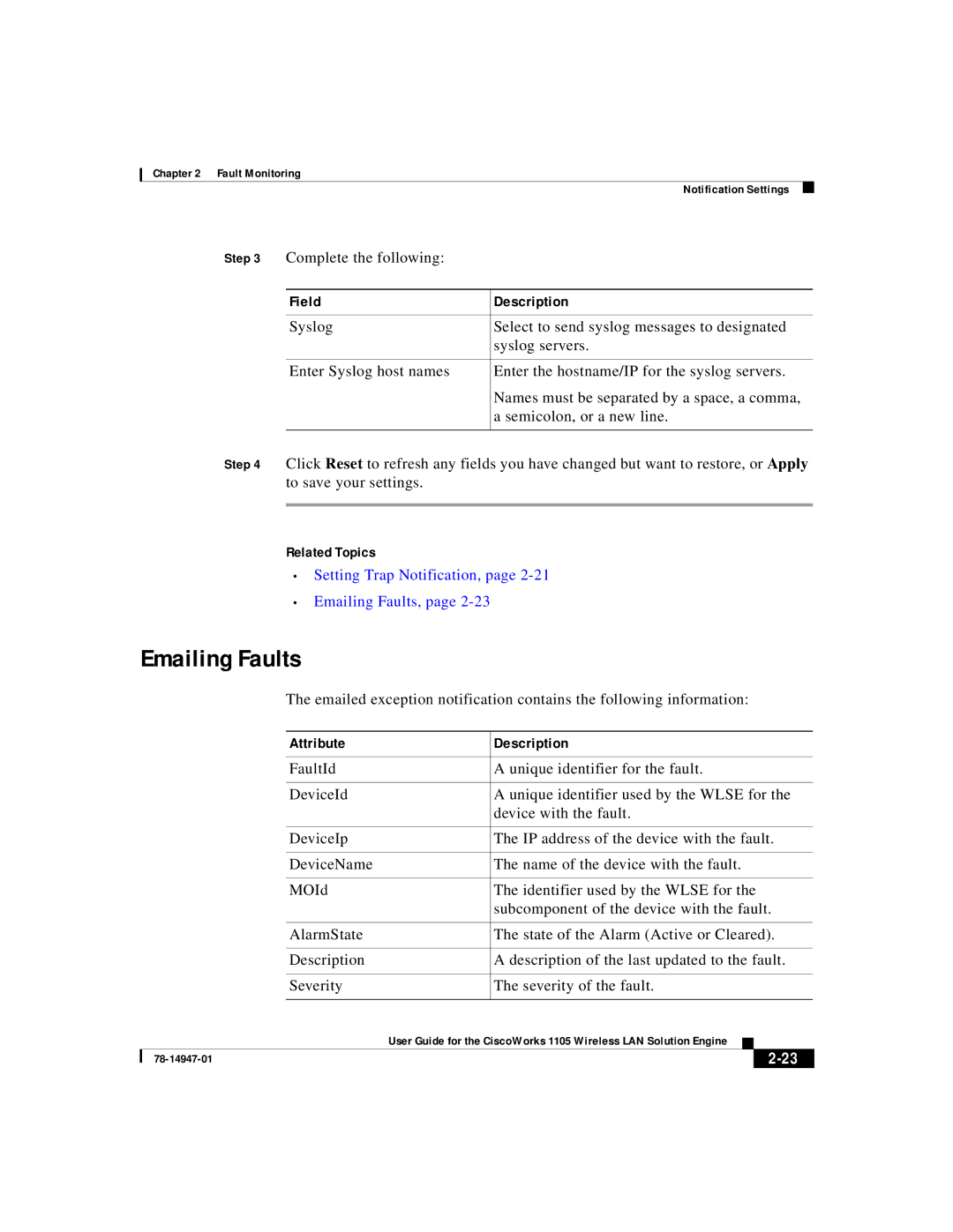 Cisco Systems 1105 manual To save your settings, Setting Trap Notification, Emailing Faults, Attribute Description 