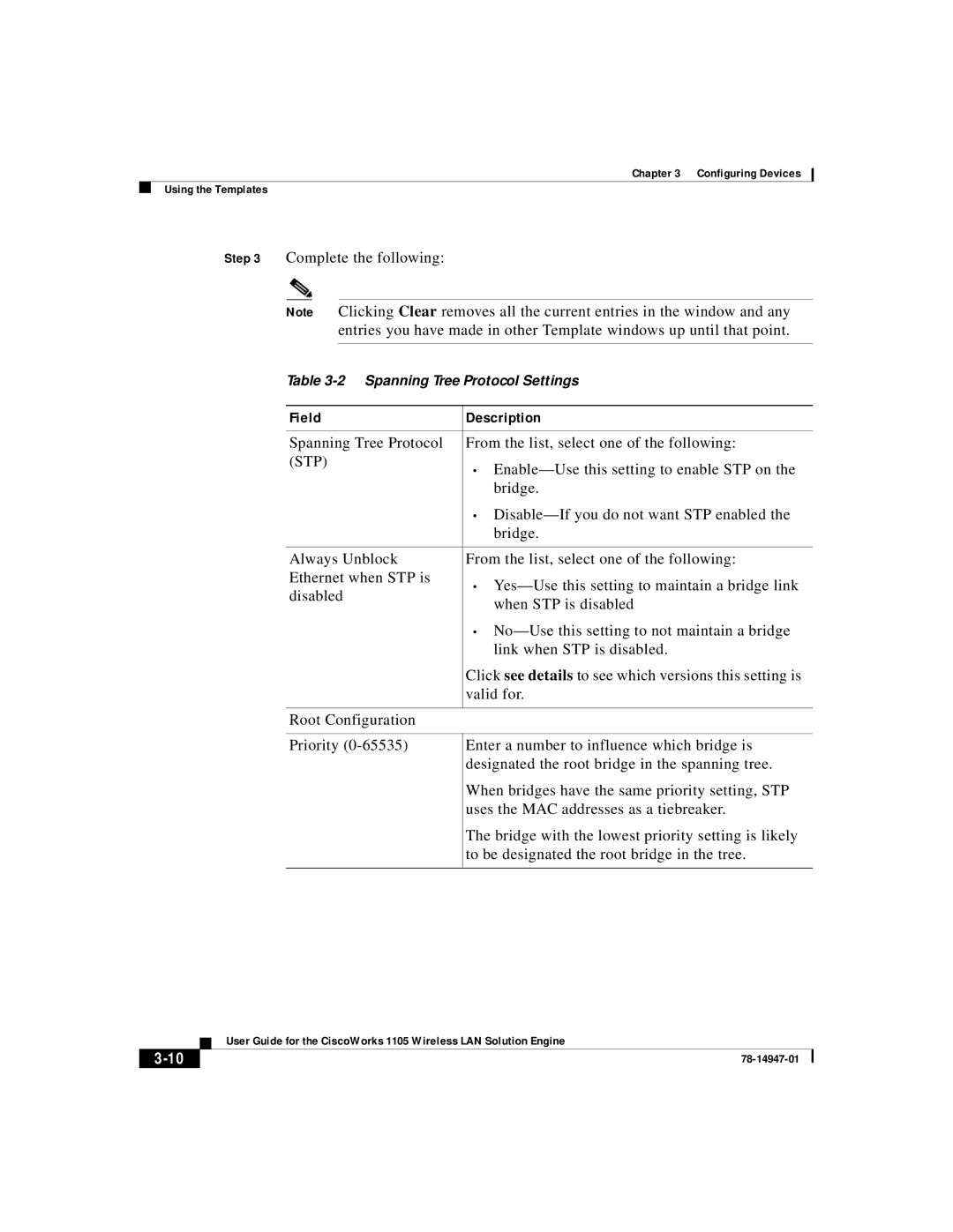 Cisco Systems 1105 manual Enable-Use this setting to enable STP on, Bridge, Disable-If you do not want STP enabled 