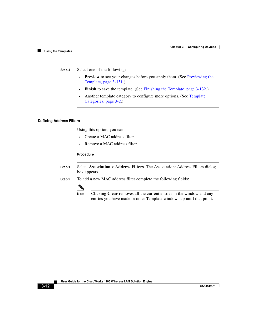 Cisco Systems 1105 manual Defining Address Filters, Finish to save the template. See Finishing the Template 