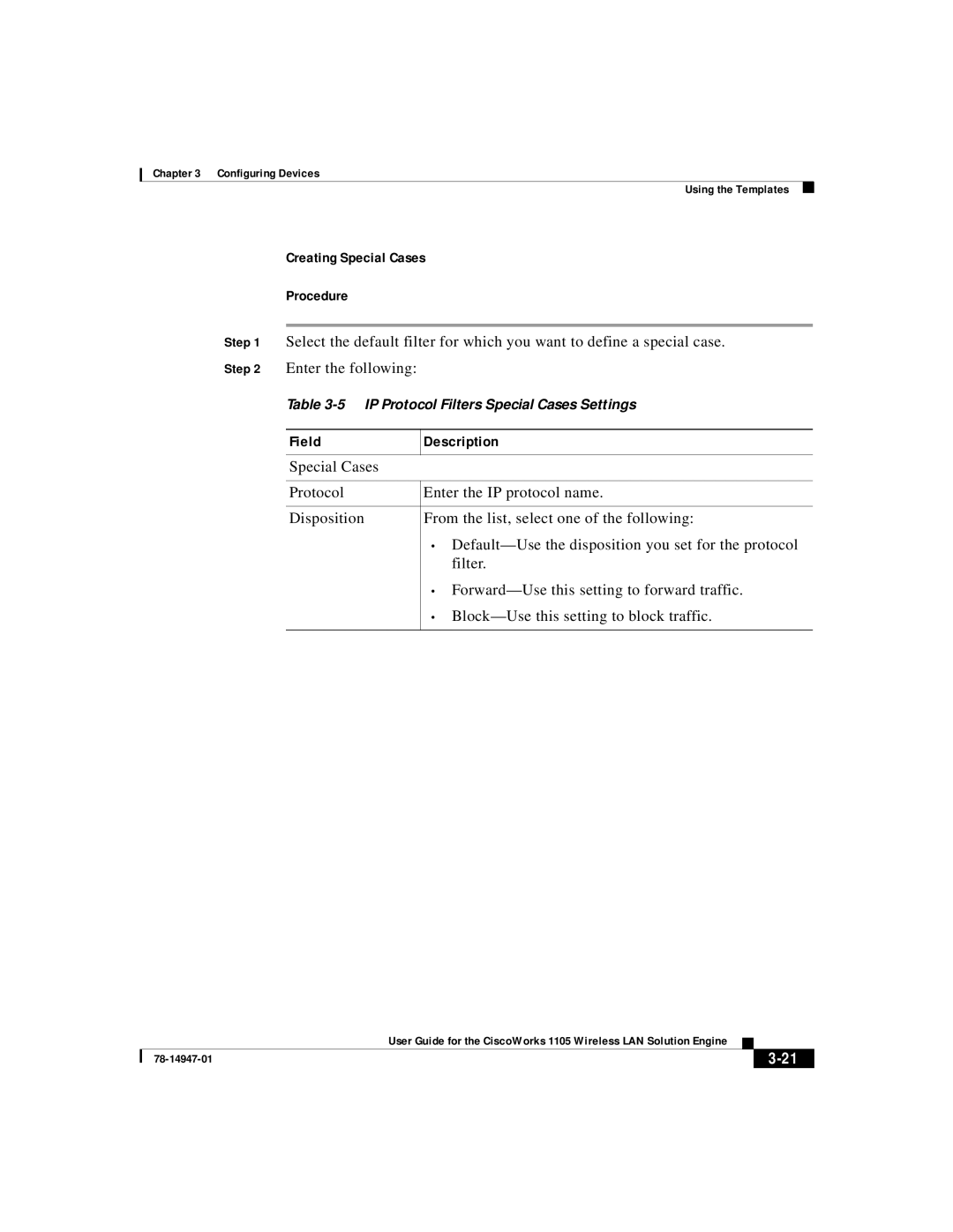 Cisco Systems 1105 manual IP Protocol Filters Special Cases Settings 