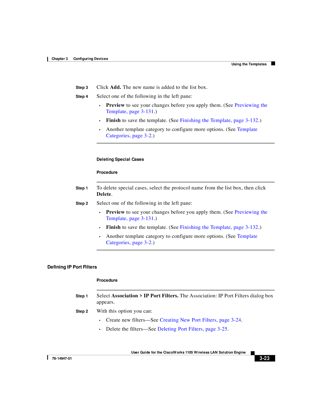 Cisco Systems 1105 manual Defining IP Port Filters, Finish to save the template. See Finishing the Template 