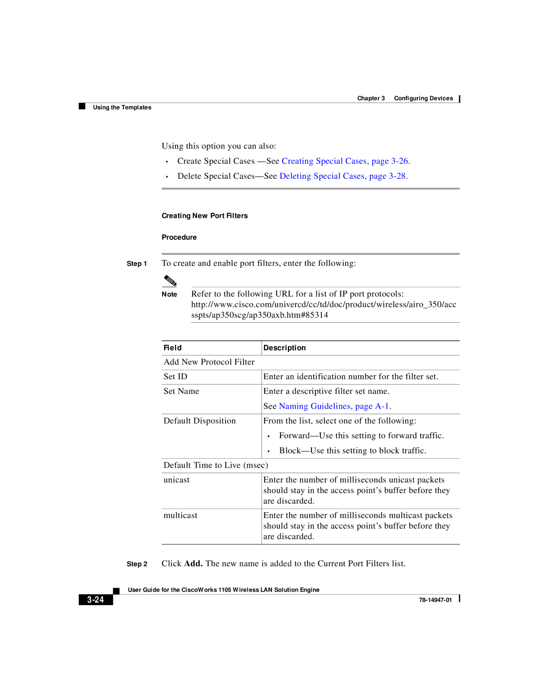 Cisco Systems 1105 manual Creating New Port Filters Procedure, To create and enable port filters, enter the following 