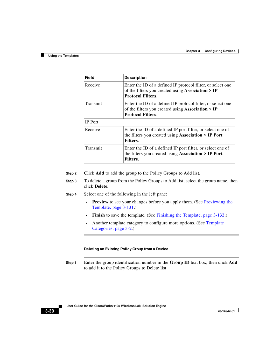 Cisco Systems 1105 manual Protocol Filters, Deleting an Existing Policy Group from a Device 