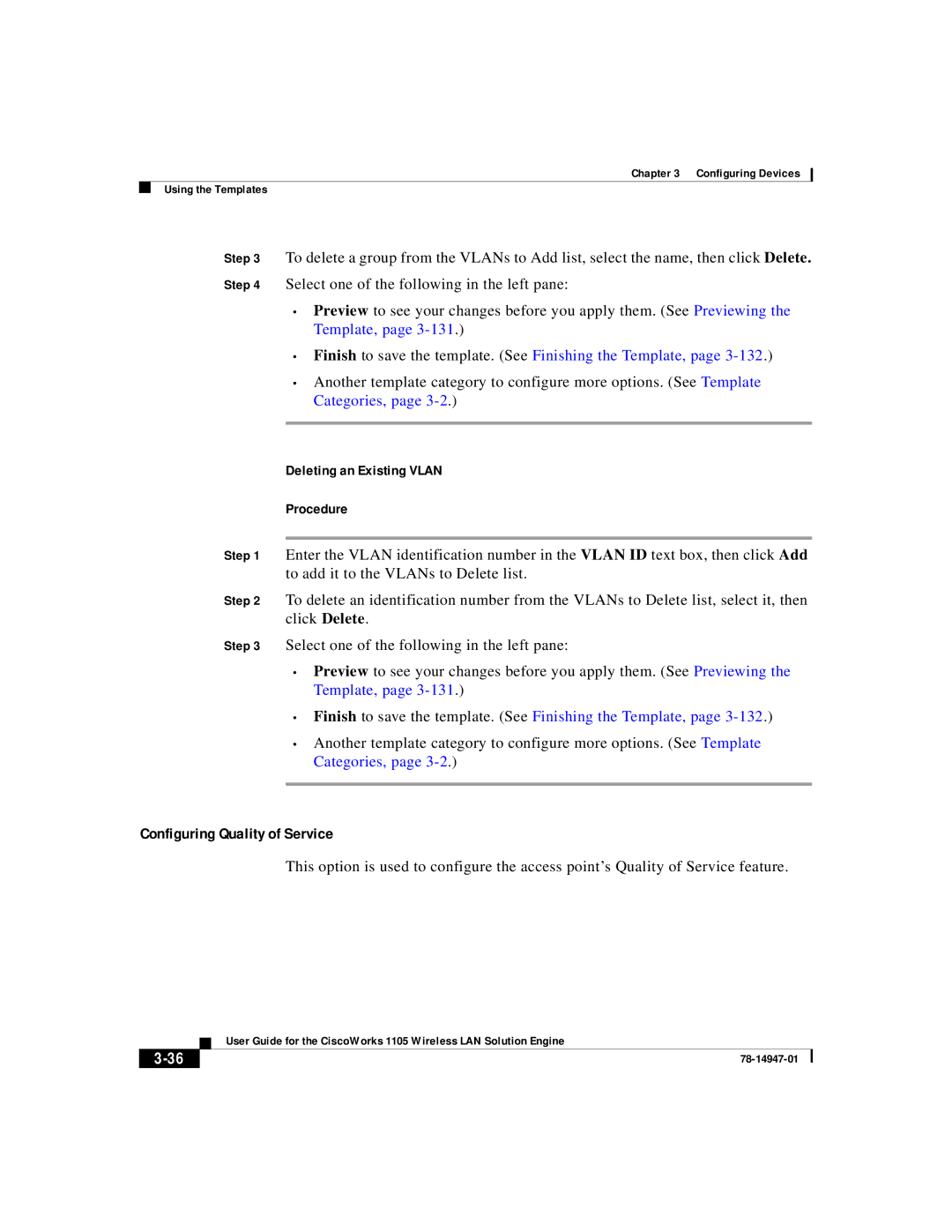 Cisco Systems 1105 manual Configuring Quality of Service, Deleting an Existing Vlan Procedure 