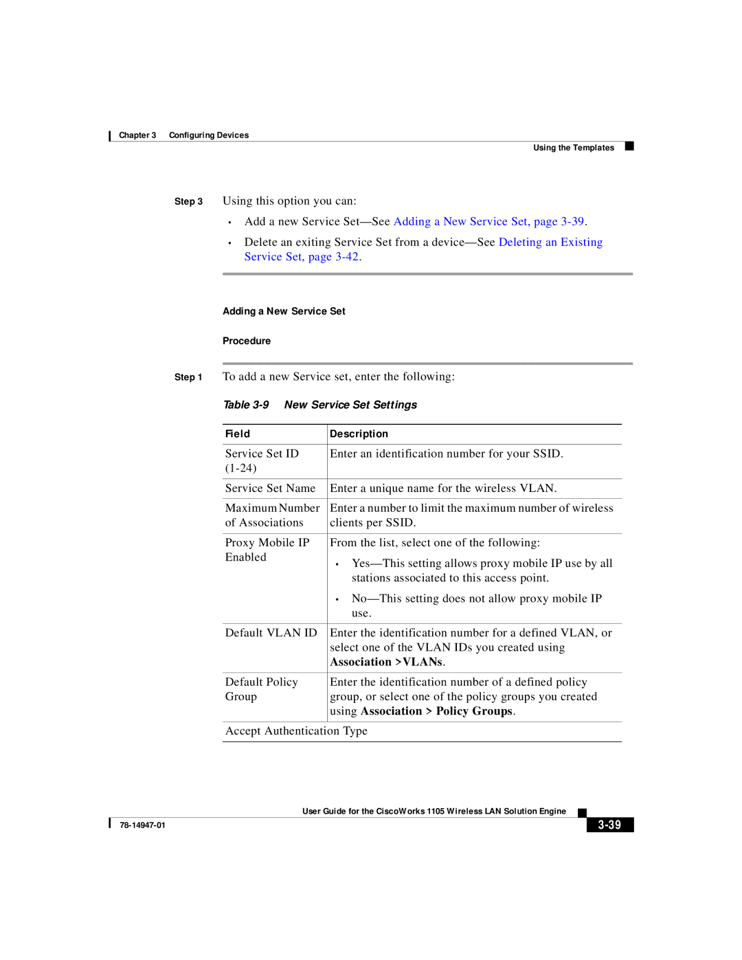 Cisco Systems 1105 manual Add a new Service Set-SeeAdding a New Service Set, Adding a New Service Set Procedure 