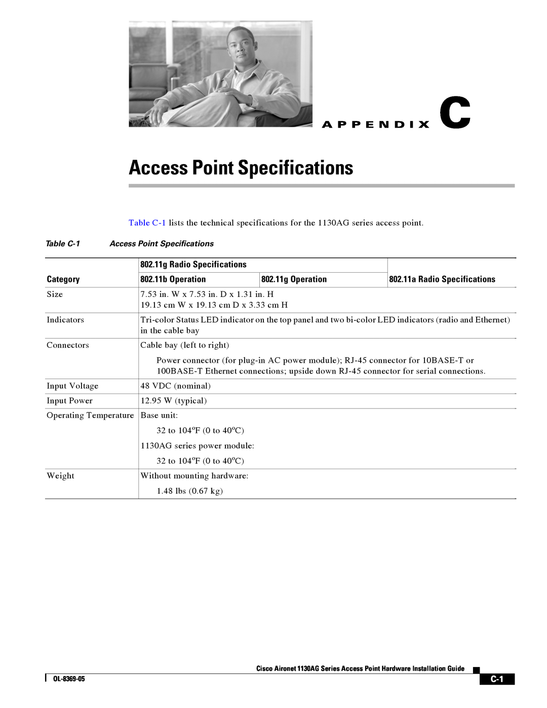 Cisco Systems 1130AG manual Access Point Specifications, A P P E N D I X C, Category, 802.11b Operation, 802.11g Operation 
