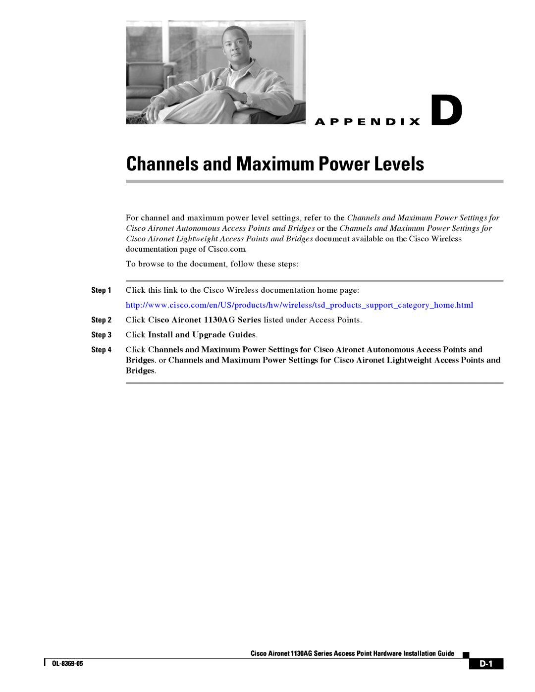 Cisco Systems 1130AG manual Channels and Maximum Power Levels, A P P E N D I X D 
