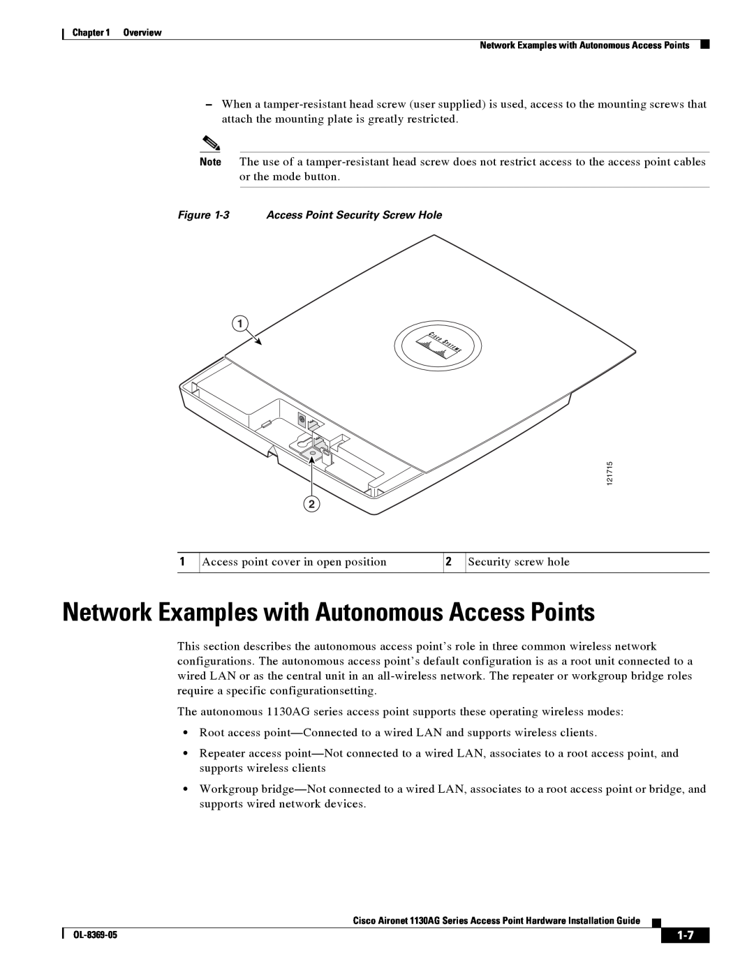 Cisco Systems 1130AG manual Network Examples with Autonomous Access Points, 3 Access Point Security Screw Hole 
