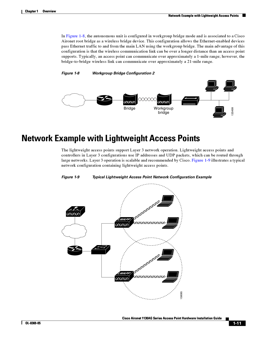 Cisco Systems 1130AG manual Network Example with Lightweight Access Points, 1-11, 8 Workgroup Bridge Configuration 