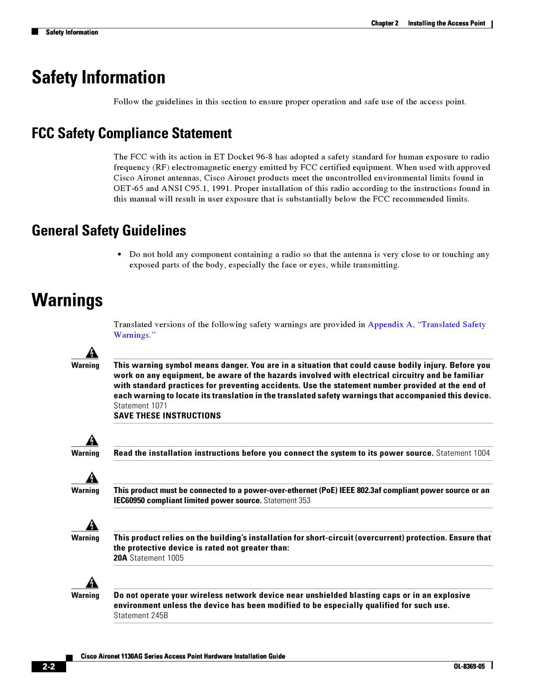 Cisco Systems 1130AG manual Safety Information, Warnings, FCC Safety Compliance Statement, General Safety Guidelines 