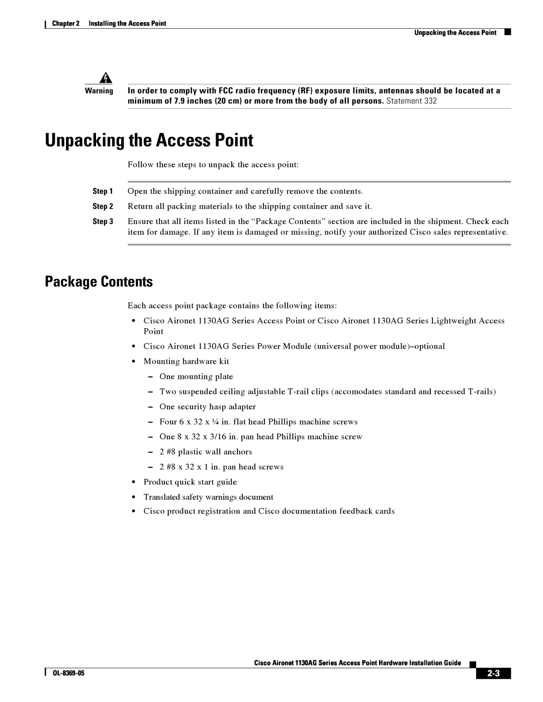 Cisco Systems 1130AG manual Unpacking the Access Point, Package Contents 