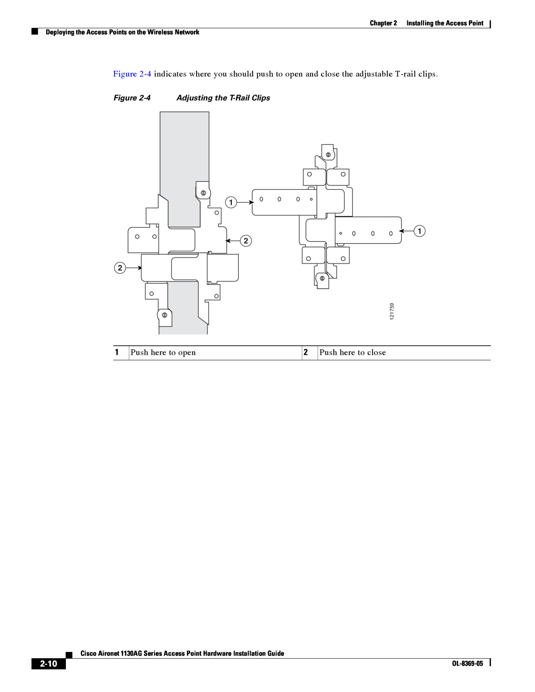 Cisco Systems 1130AG manual 2-10, 4 Adjusting the T-Rail Clips, Installing the Access Point, OL-8369-05, 121759 