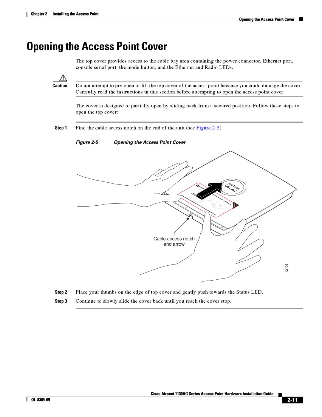 Cisco Systems 1130AG manual Opening the Access Point Cover, 2-11 