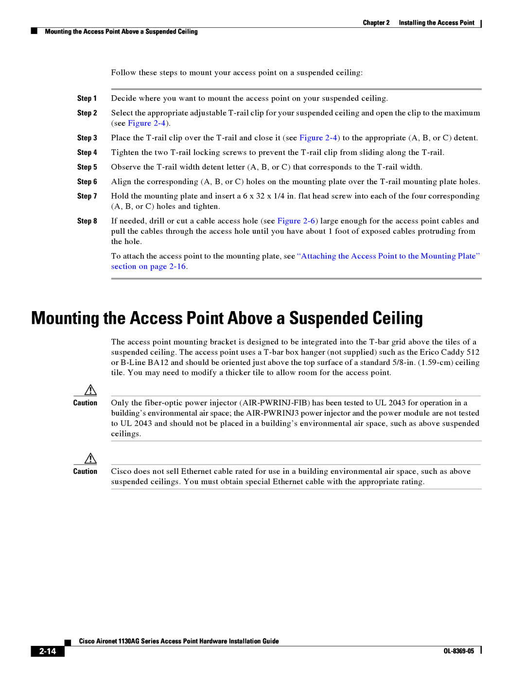 Cisco Systems 1130AG manual Mounting the Access Point Above a Suspended Ceiling, 2-14 