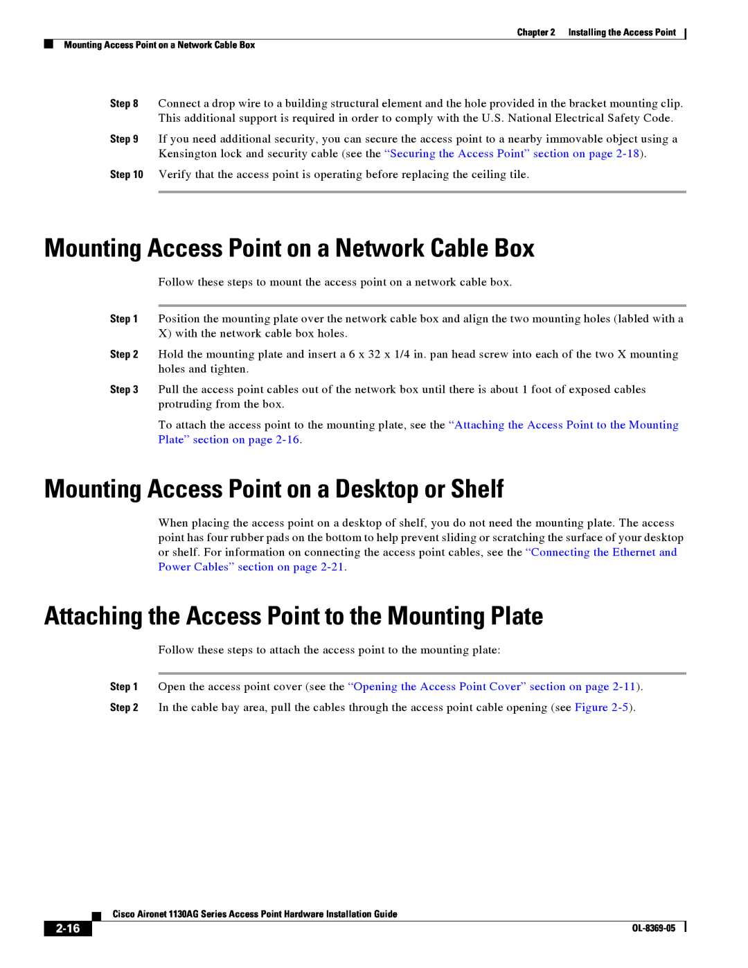 Cisco Systems 1130AG manual Mounting Access Point on a Network Cable Box, Mounting Access Point on a Desktop or Shelf, 2-16 