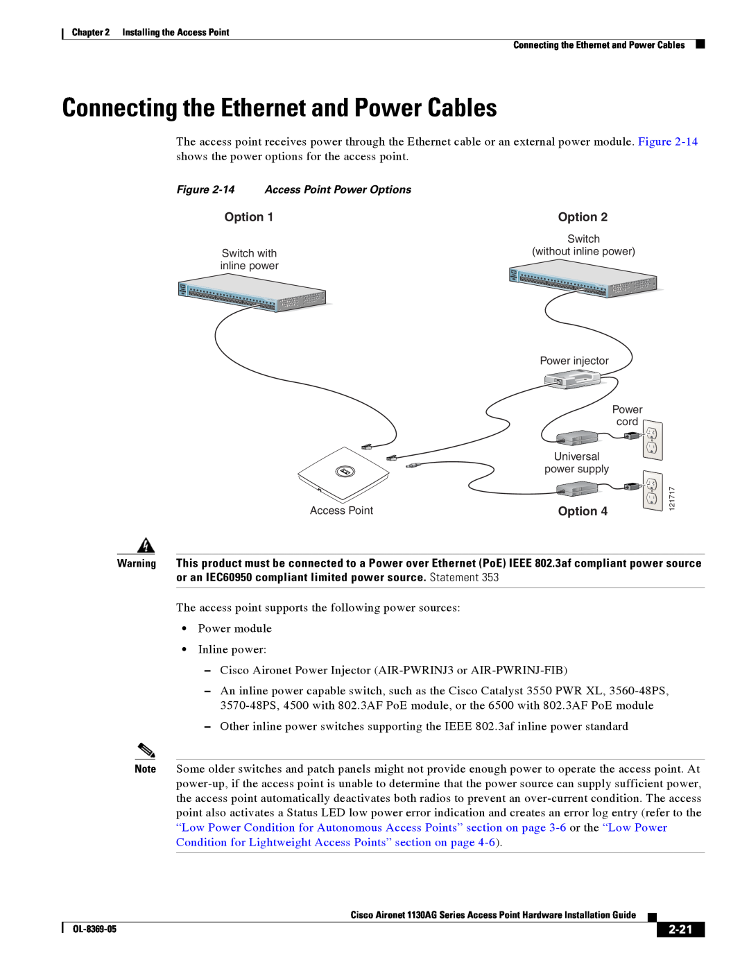 Cisco Systems 1130AG manual Connecting the Ethernet and Power Cables, Option, 2-21 
