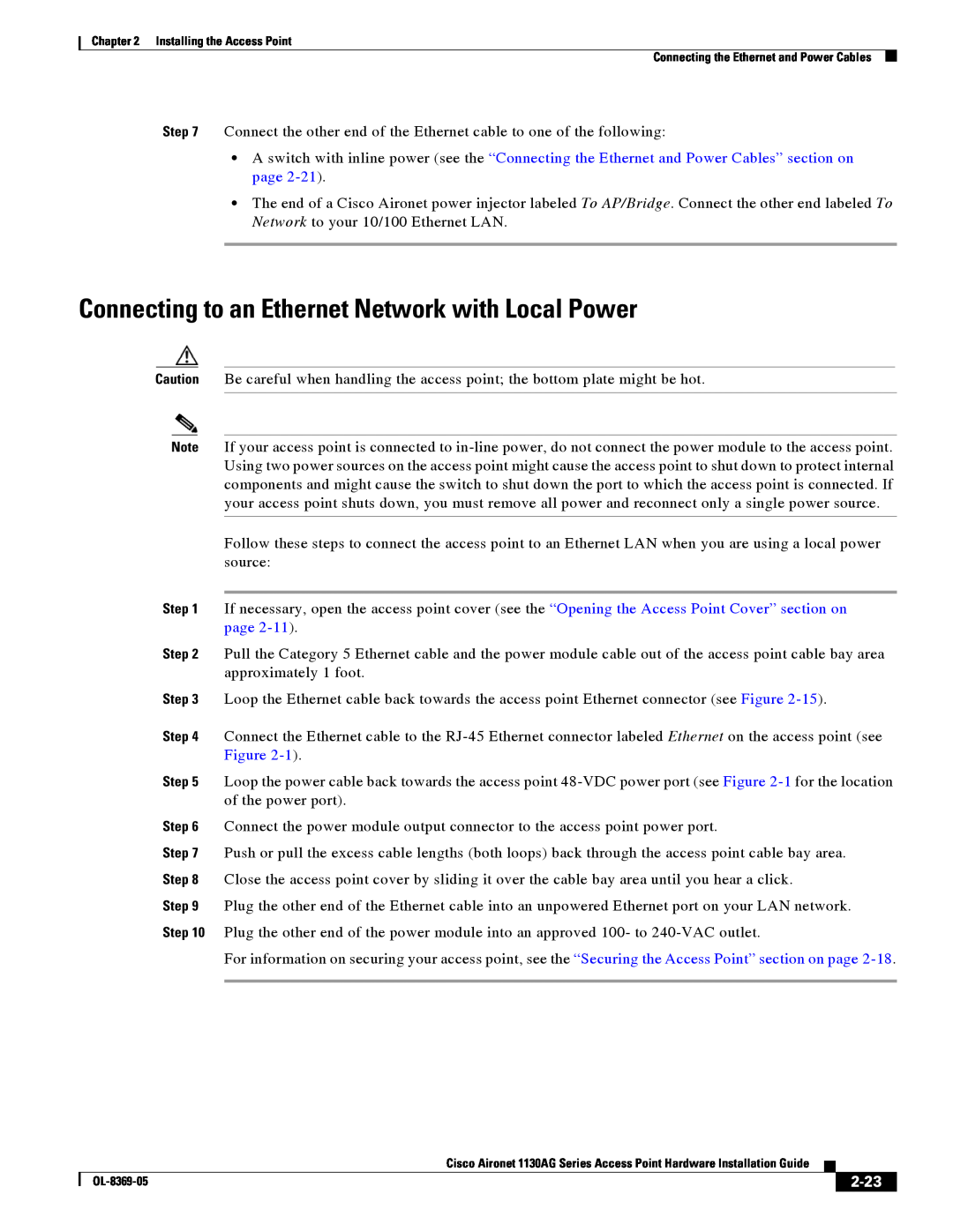 Cisco Systems 1130AG manual Connecting to an Ethernet Network with Local Power, 2-23 