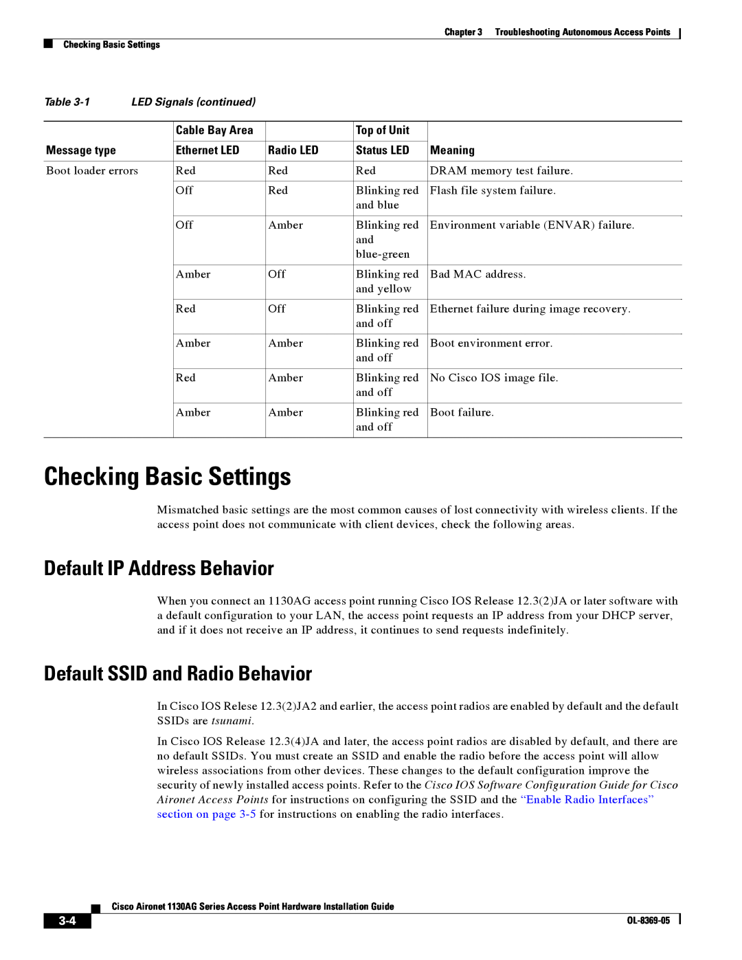 Cisco Systems 1130AG Checking Basic Settings, Default IP Address Behavior, Default SSID and Radio Behavior, Cable Bay Area 