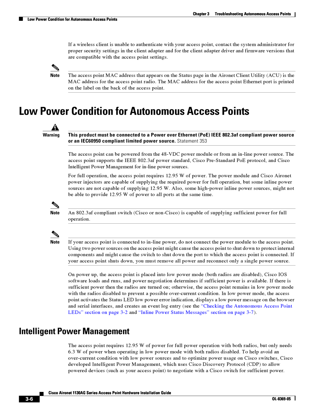 Cisco Systems 1130AG manual Low Power Condition for Autonomous Access Points, Intelligent Power Management 