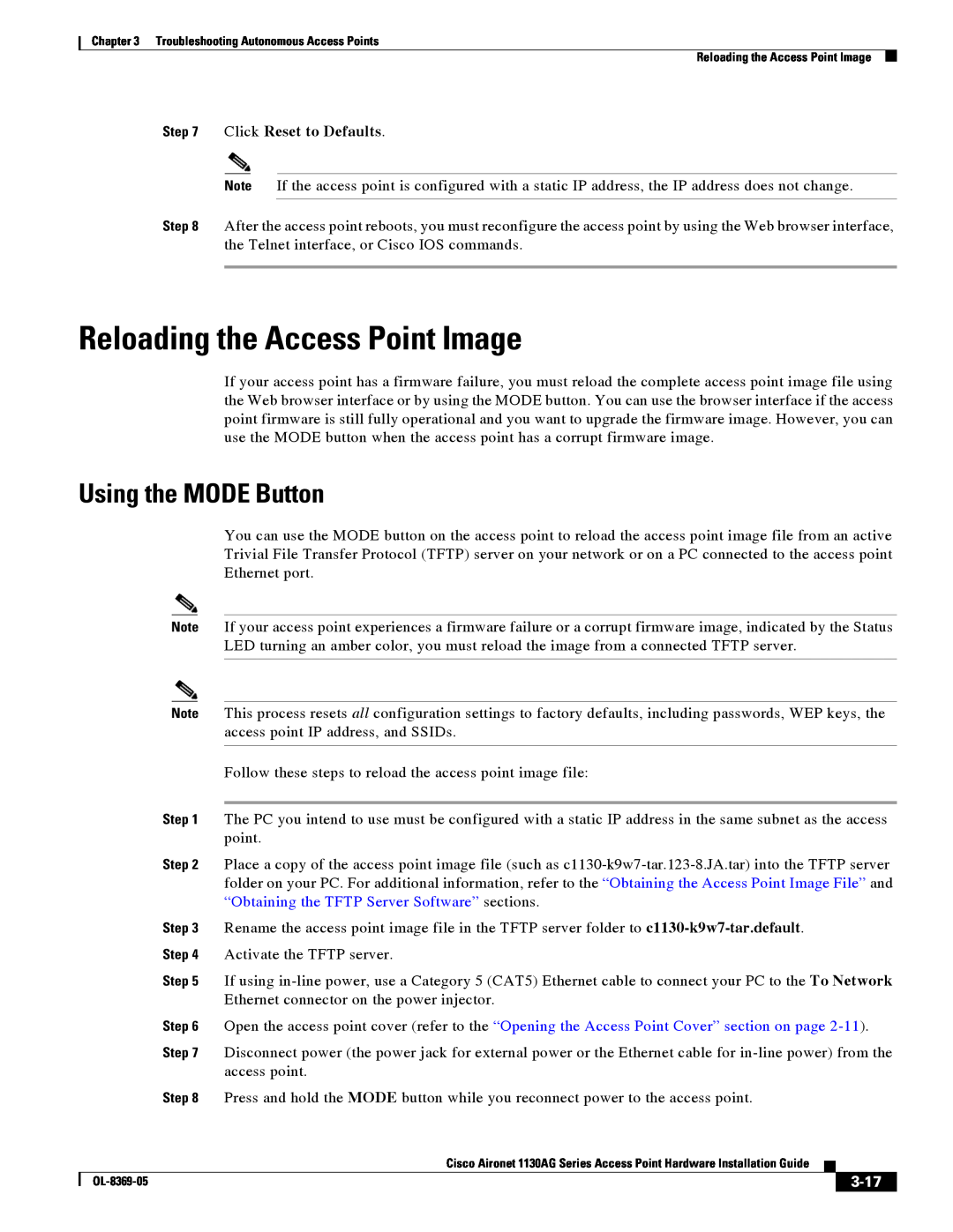 Cisco Systems 1130AG manual Reloading the Access Point Image, Using the MODE Button, Click Reset to Defaults, 3-17 
