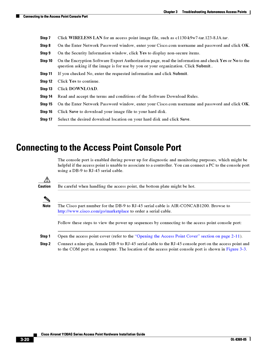 Cisco Systems 1130AG manual Connecting to the Access Point Console Port, 3-20, Click DOWNLOAD 