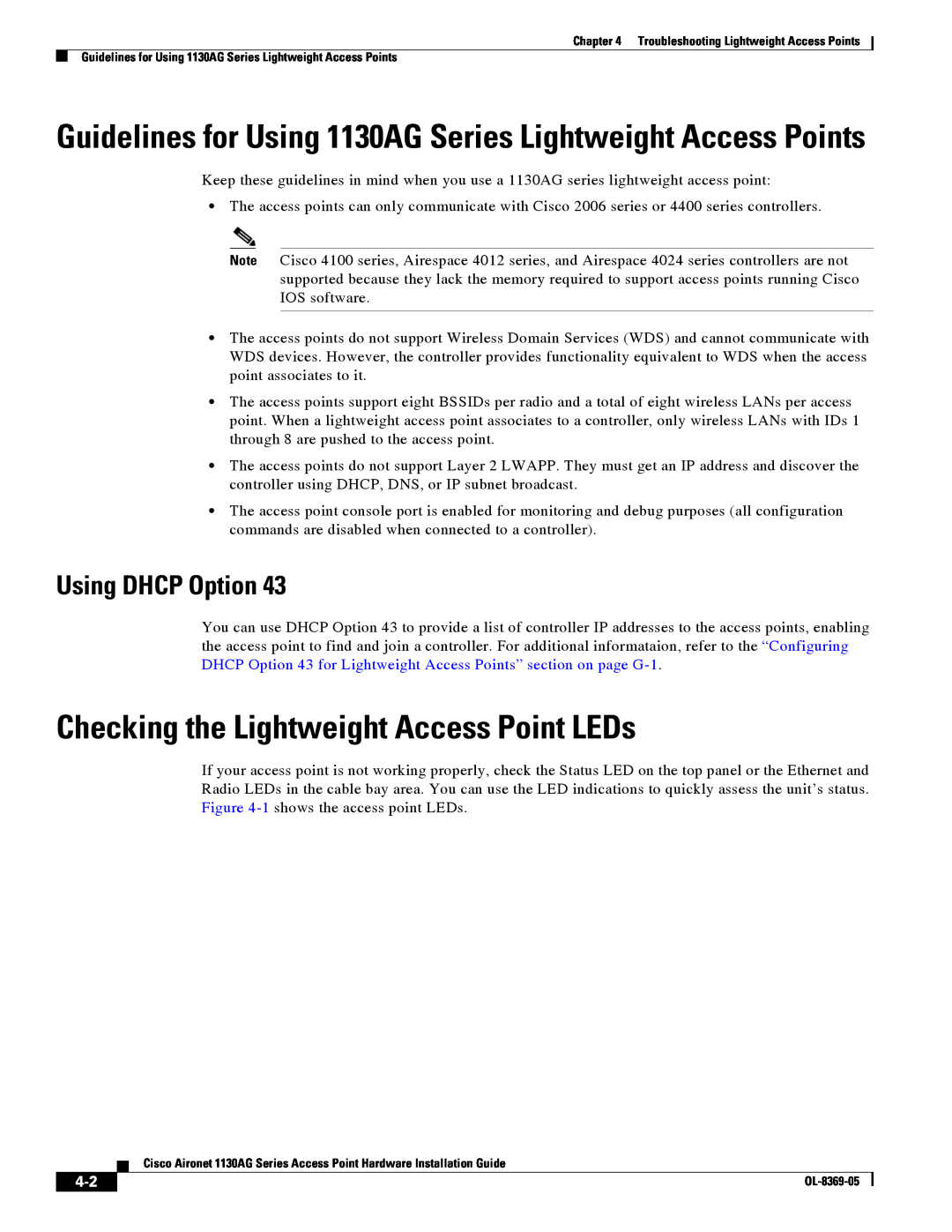 Cisco Systems 1130AG manual Checking the Lightweight Access Point LEDs, Using DHCP Option 