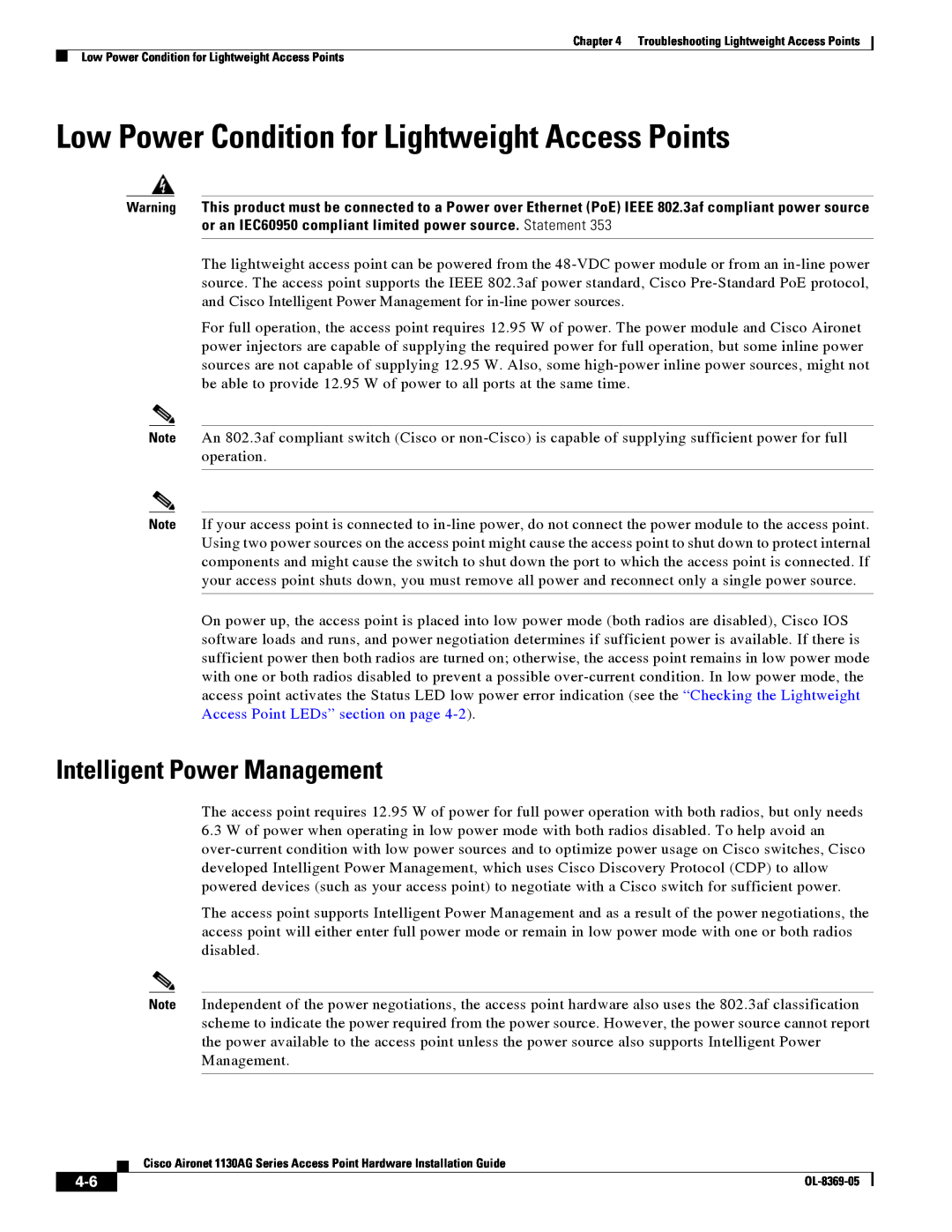 Cisco Systems 1130AG manual Low Power Condition for Lightweight Access Points, Intelligent Power Management 