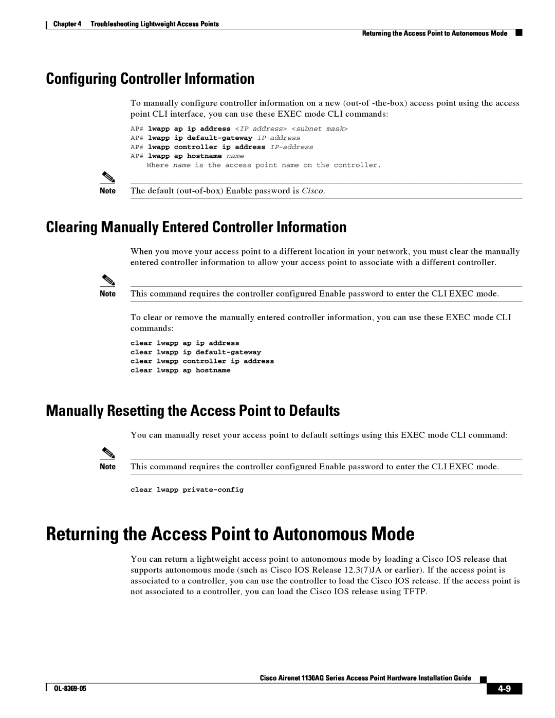 Cisco Systems 1130AG manual Returning the Access Point to Autonomous Mode, Configuring Controller Information 