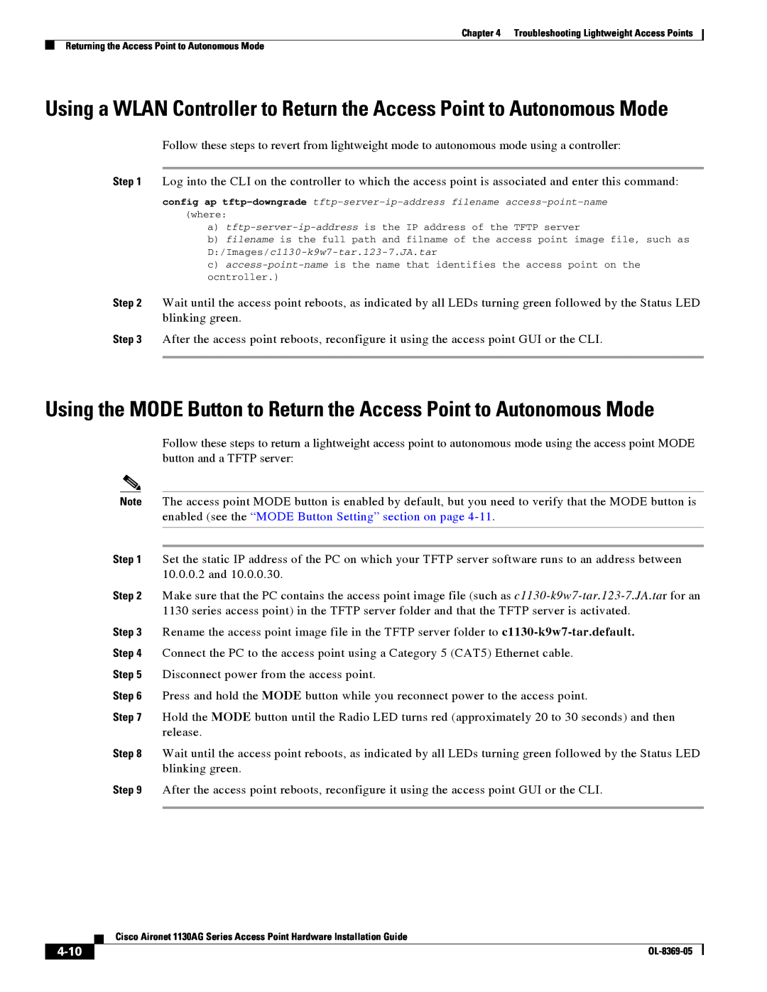 Cisco Systems 1130AG manual Using a WLAN Controller to Return the Access Point to Autonomous Mode, 4-10 