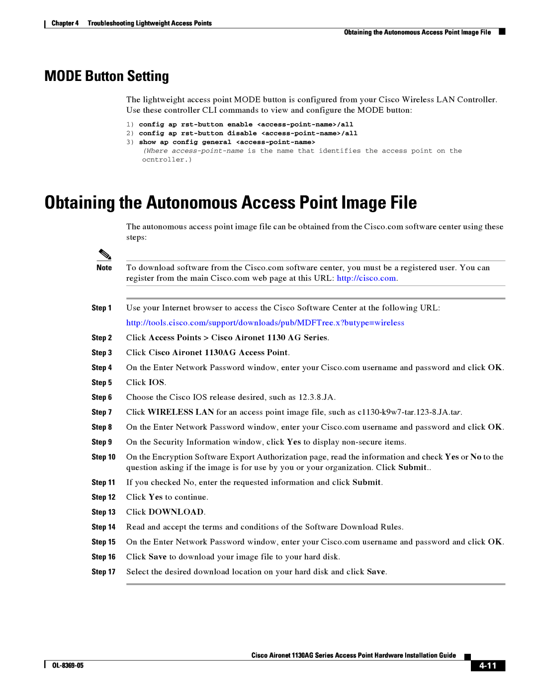 Cisco Systems 1130AG manual Obtaining the Autonomous Access Point Image File, MODE Button Setting, 4-11 