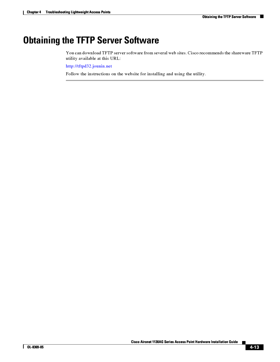 Cisco Systems 1130AG manual Obtaining the TFTP Server Software, http//tftpd32.jounin.net, 4-13 