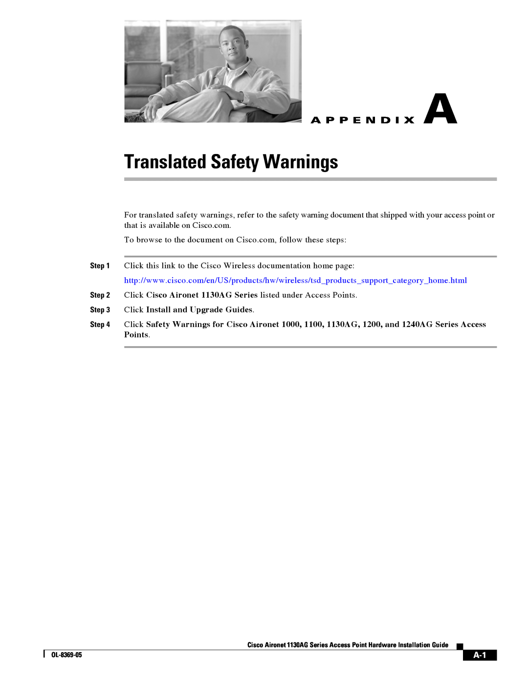 Cisco Systems 1130AG manual Translated Safety Warnings, A P P E N D I X A 