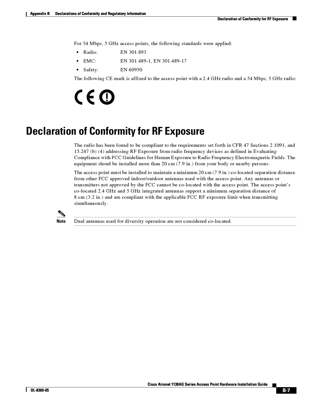 Cisco Systems 1130AG manual Declaration of Conformity for RF Exposure 