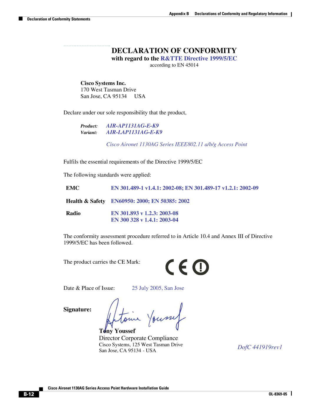 Cisco Systems 1130AG manual Declaration of Conformity 