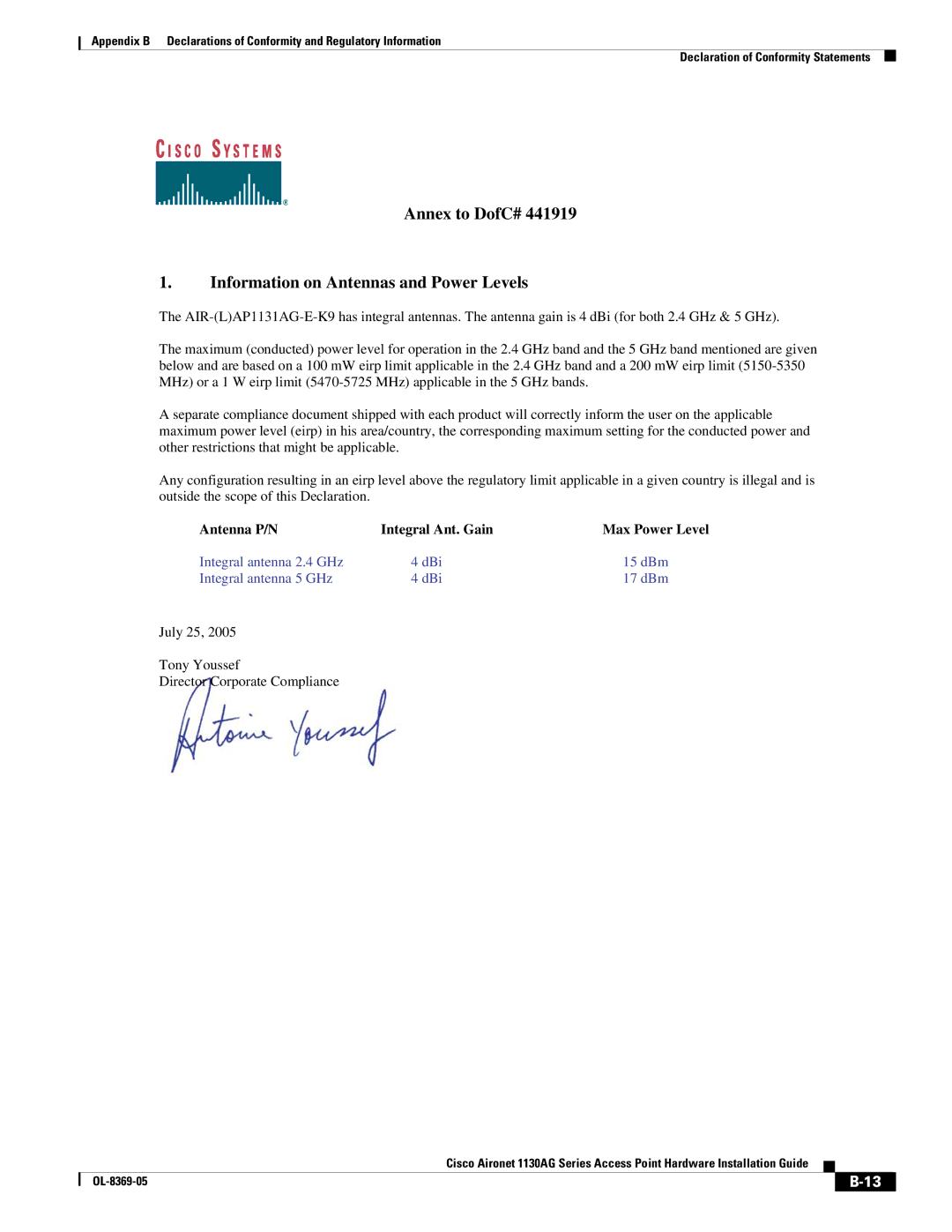 Cisco Systems 1130AG manual Annex to DofC# Information on Antennas and Power Levels 