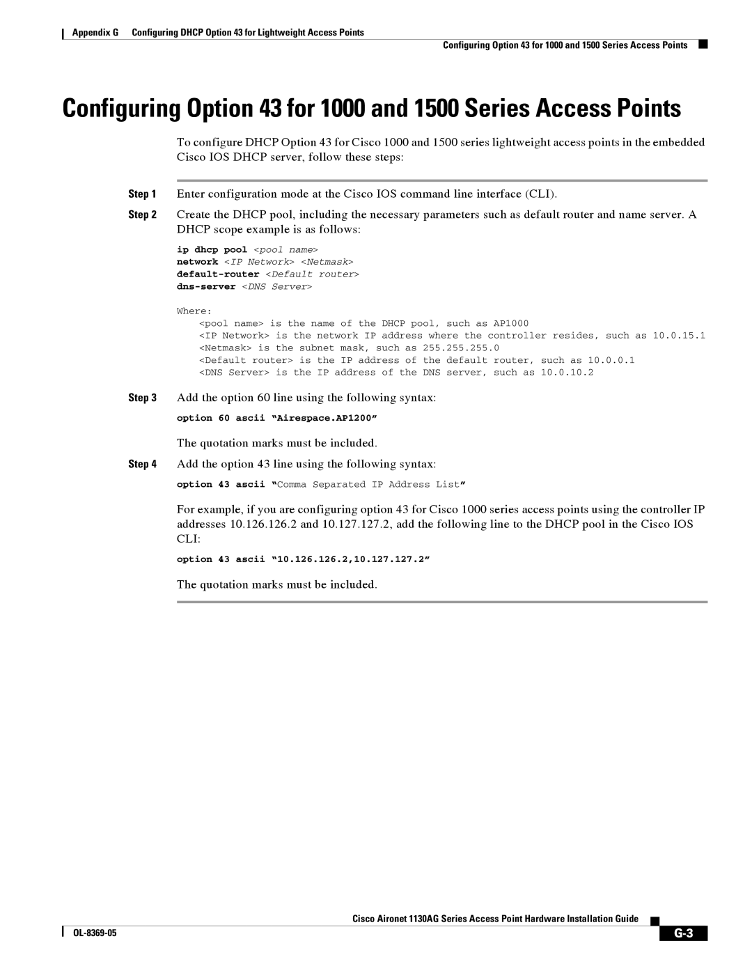 Cisco Systems 1130AG manual Configuring Option 43 for 1000 and 1500 Series Access Points 