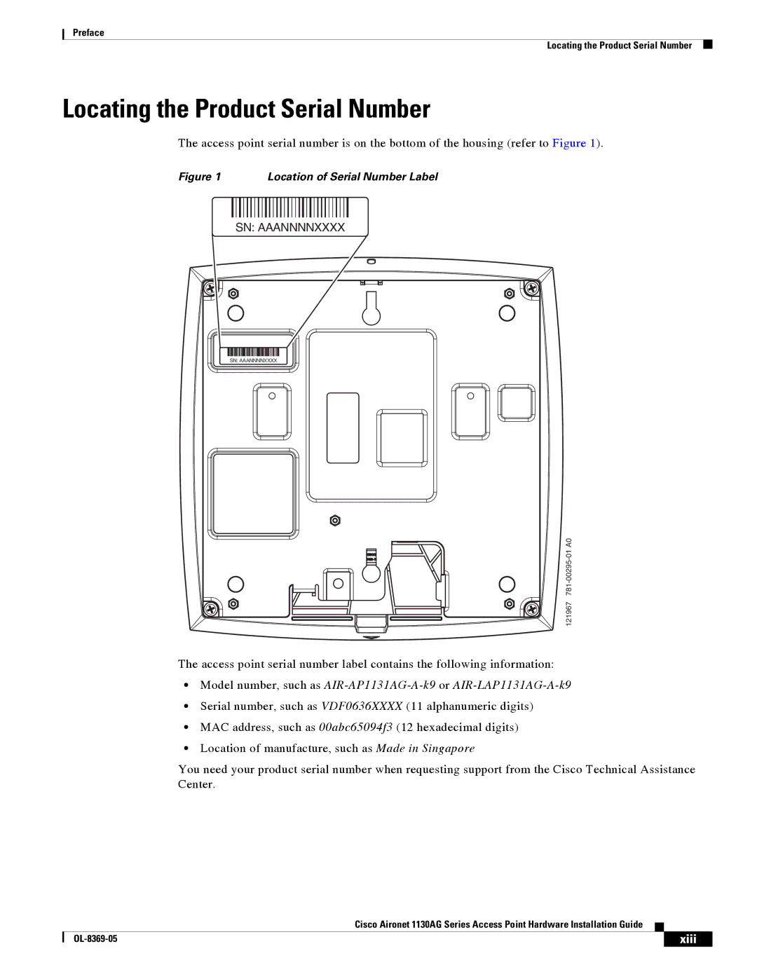 Cisco Systems 1130AG manual Locating the Product Serial Number, SN Aaannnnxxxx 